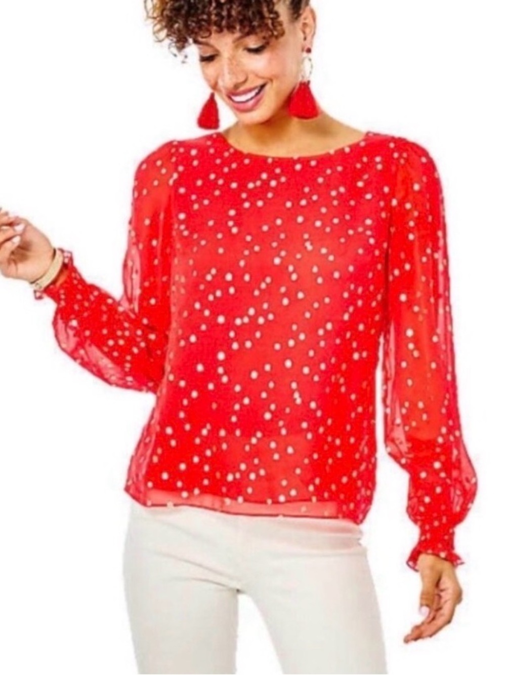 NWT Lilly Pulitzer Idina Long Sleeve Silk Blouse Top Ruby Red Gold Clip Dot Sz M